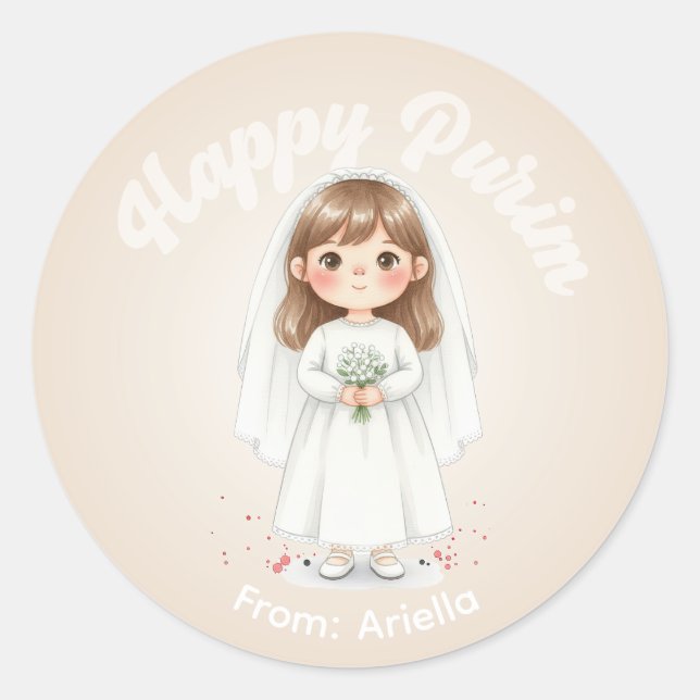 Redonda Pegatina personalizada de Purim - Tema de novia (Anverso)