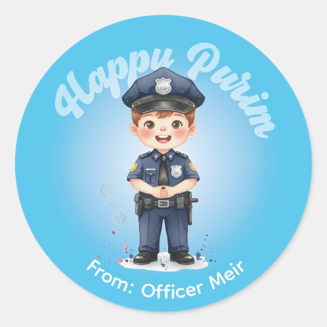 Redonda Pegatina personalizada de Purim - Tema de policía (Anverso)