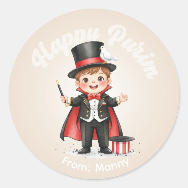 Redonda Pegatina personalizada de Purim - Tema Mago (Anverso)