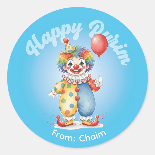 Redonda Pegatina personalizada de Purim - Tema Payaso (Anverso)