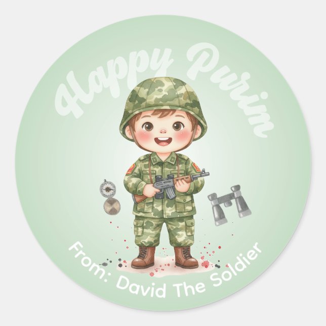 Redonda Pegatina personalizada de Purim - Tema Soldado (Anverso)