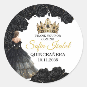 Redonda Pegatina personalizada Quinceañera de Oro Negro
