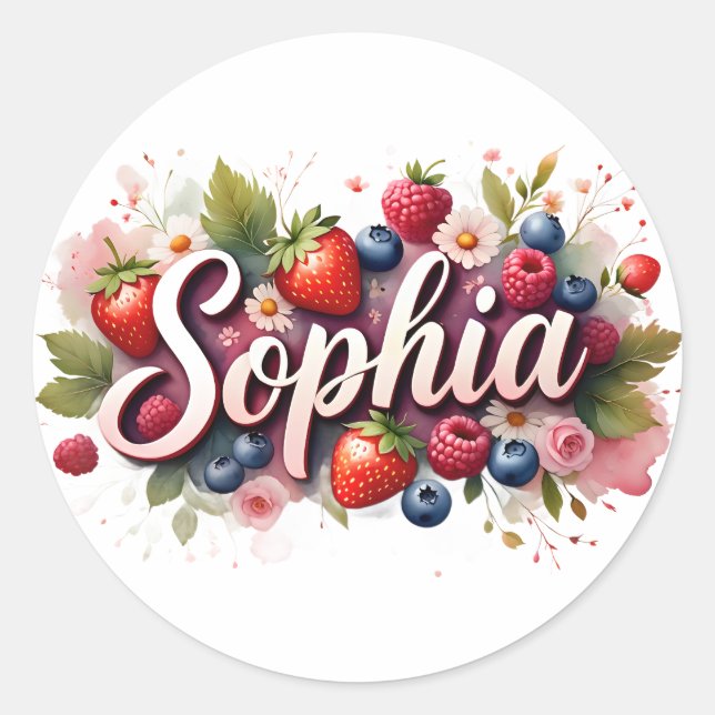 Redonda Pegatina personalizada "Sophia" Berry Floral Desig (Anverso)
