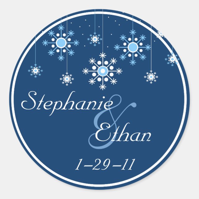 Redonda Pegatina personalizado de copos de nieve de Boda d (Anverso)