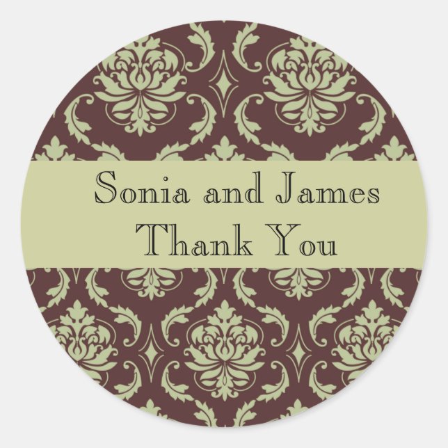 Redonda Pegatina personalizado de Damask Brown (Anverso)