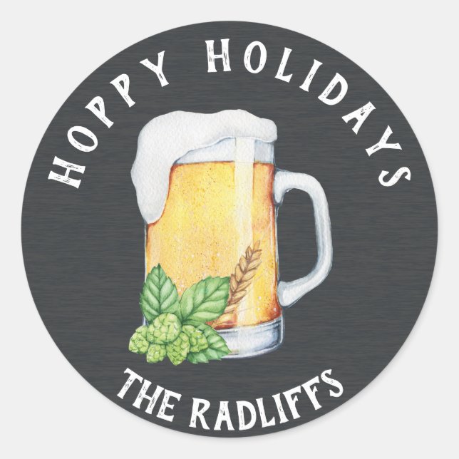 Redonda Pegatina personalizado de Hoppy Holidays Beer Mug (Anverso)