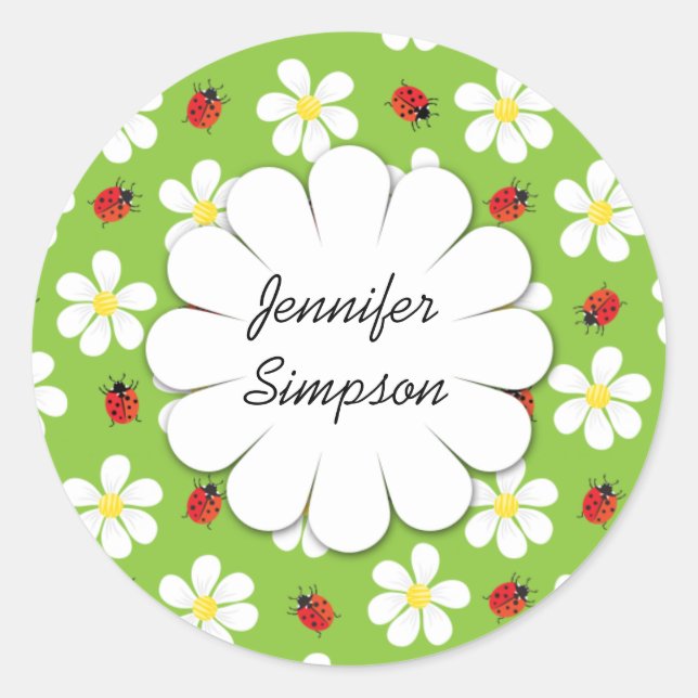 Redonda Pegatina personalizado de Ladybugs y Daisies (Anverso)