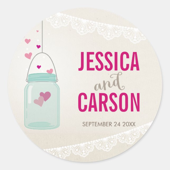 Redonda PEGATINA personalizado mason jar corazones lienzo  (Anverso)