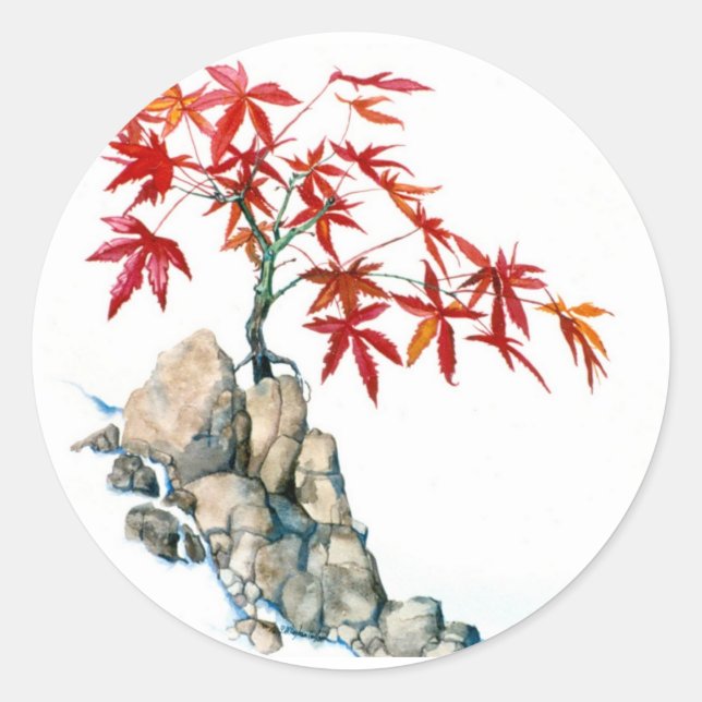 Redonda Pegatina PMACarlson Red Maple Bonsai (Anverso)