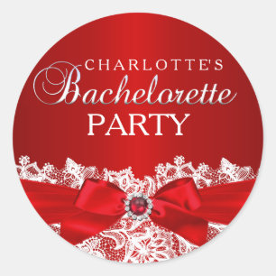 Redonda Pegatina Pretty Lace & Jewel Bow Rojo Despedida de