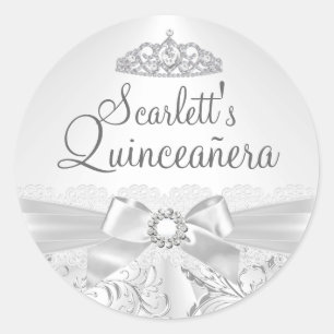 Redonda Pegatina Pretty Tiara & Bow Plateada Quinceañera