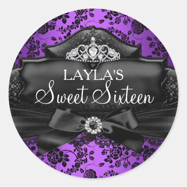 Redonda Pegatina Pretty Tiara & Bow Purple Sweet 16 (Anverso)