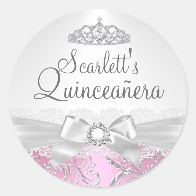 Redonda Pegatina Pretty Tiara & Bow Rosa Quinceañera (Anverso)