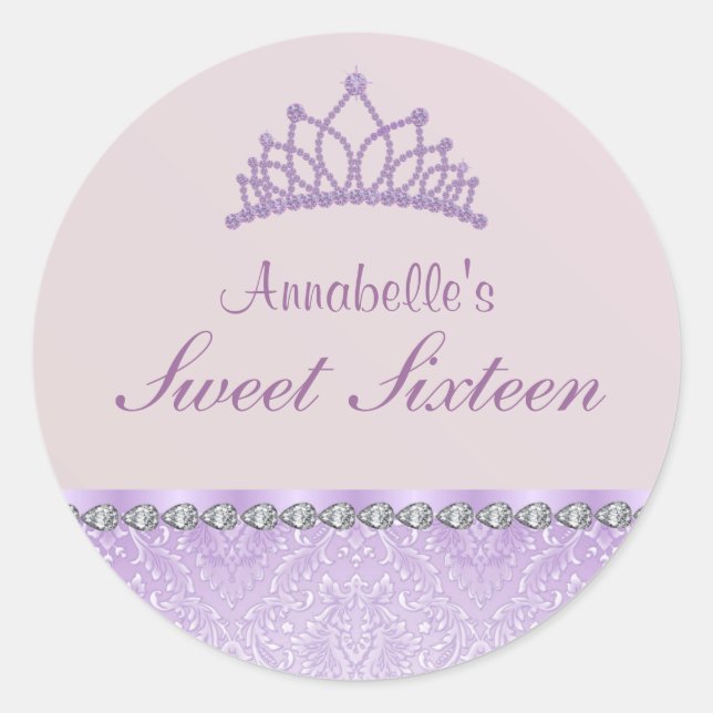 Redonda Pegatina Purple Tiara & Damask Sweet16 (Anverso)