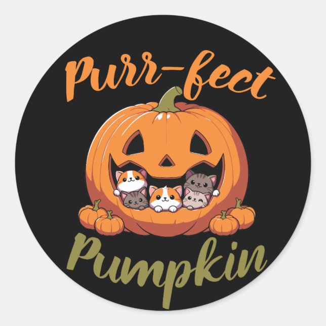 Redonda Pegatina Purr-fect Pumpkin Halloween (Anverso)