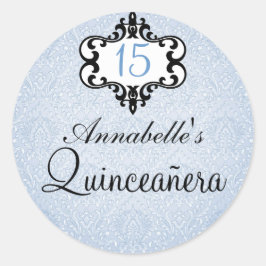 Redonda Pegatina Quinceañera de Damasco Azul y Negro Chic