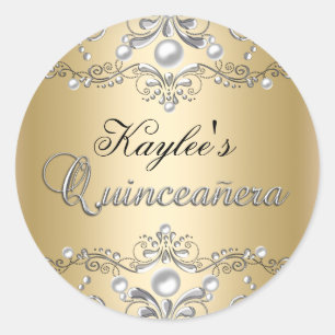 Redonda Pegatina Quinceañera de Damasco de Perla Plateada 