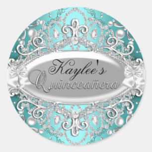 Redonda Pegatina Quinceañera de Damasco Perla Plateado y T