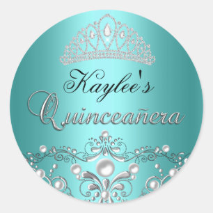 Redonda Pegatina Quinceañera de Damasco Perla Plateado y T