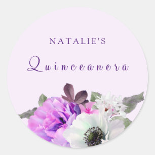 Redonda Pegatina Quinceanera de flor blanca púrpura