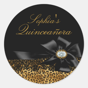 Redonda Pegatina Quinceañera Leopardo Negro & Lazo