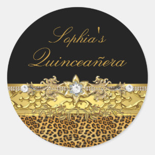Redonda Pegatina Quinceañera Leopardo Negro y Dorado