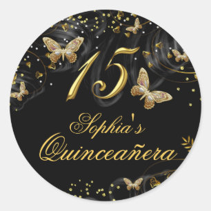 Redonda Pegatina Quinceañera Mariposa Dorada y Negra con B