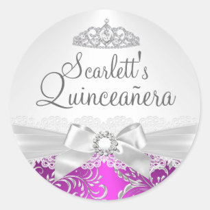 Redonda Pegatina Quinceañera Pretty Tiara & Bow Rosa