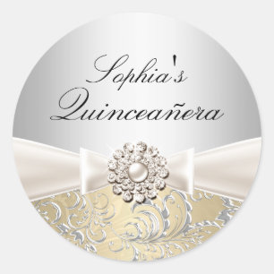 Redonda Pegatina Quinceañera Remolino de Plata y Lazo con 