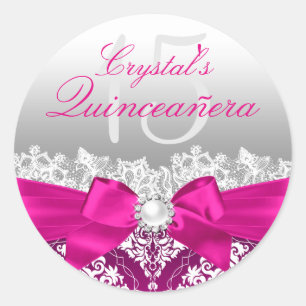 Redonda Pegatina Quinceañera Rosa Caliente Damask y Lazo d