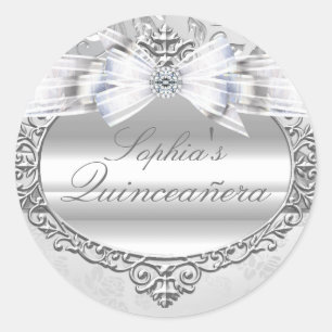 Redonda Pegatina Quinceañera Rosa de Plata y Lazo