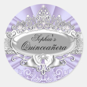 Redonda Pegatina Quinceañera Tiara Púrpura y Damasco