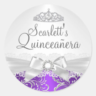 Redonda Pegatina Quinceañera Tiara y Lazo Morado