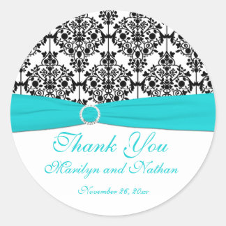 Redonda Pegatina redondo Aqua, White y Black Damask de 3"