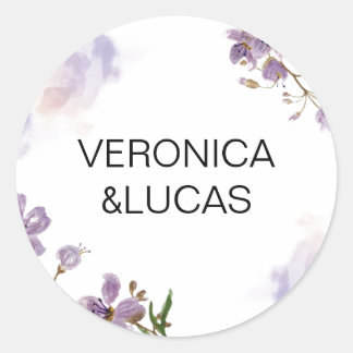 Redonda Pegatina redondo clásico Boda floral morado blanco