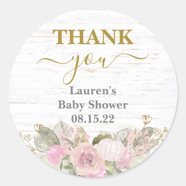 Redonda Pegatina redondo clásico de Baby Shower de calabaz (Anverso)