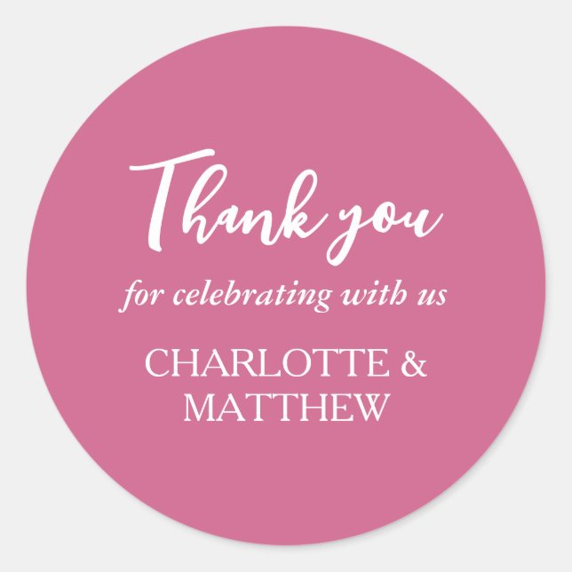 Redonda Pegatina redondo clásico de Boda blanco y magenta (Anverso)