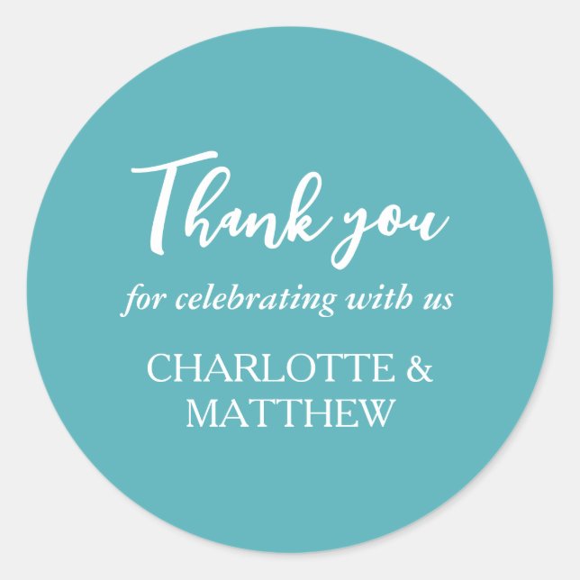 Redonda Pegatina redondo clásico de Boda blanco y turquesa (Anverso)