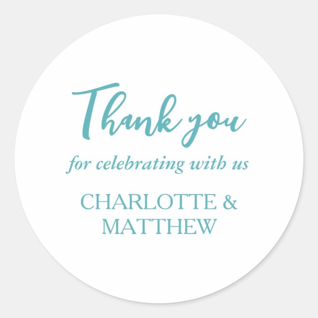 Redonda Pegatina redondo clásico de Boda blanco y turquesa (Anverso)