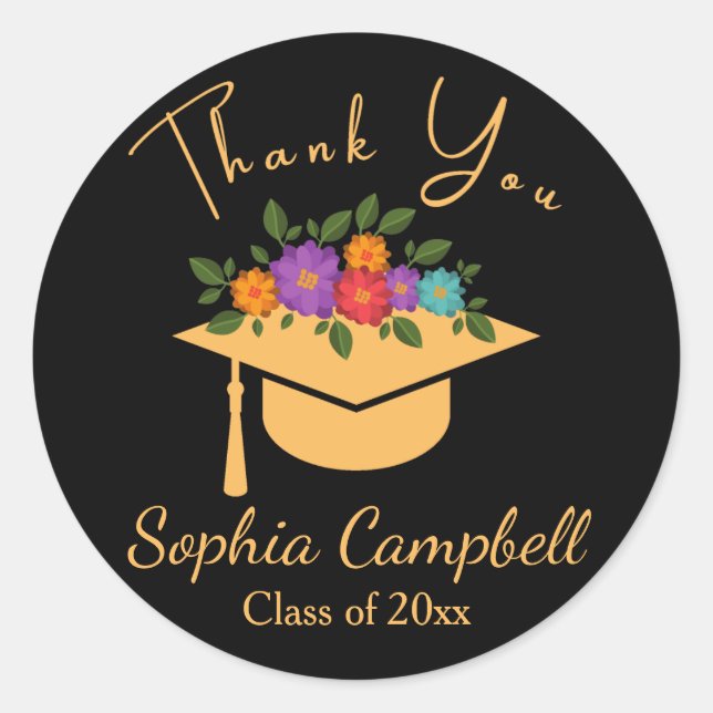 Redonda Pegatina redondo clásico de graduación floral negr (Anverso)