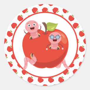 Redonda Pegatina redondo clásico de manzanas y gusanos