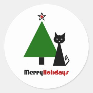 Redonda Pegatina redondo clásico de Navidades de gato negr