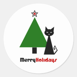 Redonda Pegatina redondo clásico de Navidades de gato negr