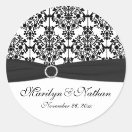 Redonda Pegatina redondo de Damask blanco y negro de 1,5"