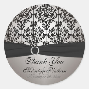 Redonda Pegatina redondo de Damask de 3" gris y negro