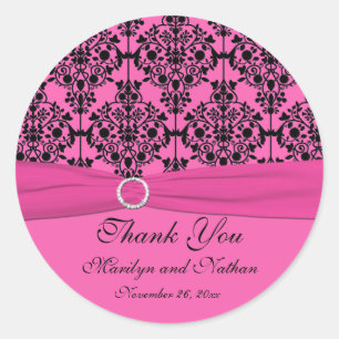Redonda Pegatina redondo de Damask de 3" rosa y negro