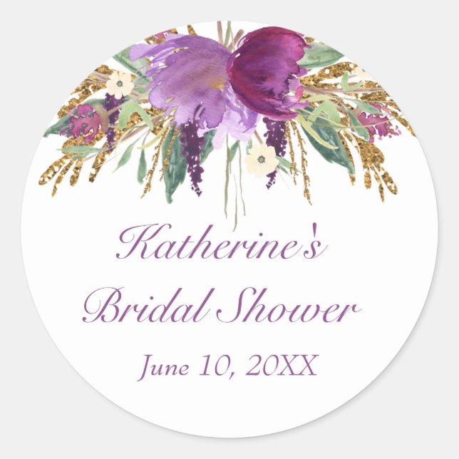 Redonda Pegatina redondo de flores acuáticas moradas y dor (Anverso)