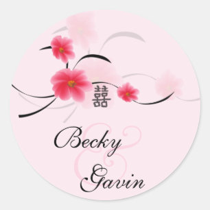 Redonda Pegatina redondo Flor rosa Doble felicidad
