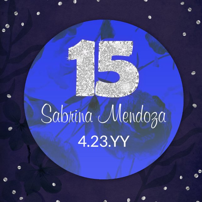Redonda Pegatina redondo Sapphire Blue Quinceanera Silver  (royal blue quinceanera sticker with silver, diamond number 15, mis quince anos, personalized label)