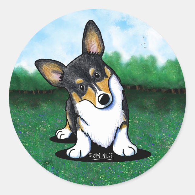 Redonda Pegatina redondo Tri Curious Corgi Classic (Anverso)